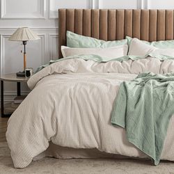 Bedsure Waffle Comforter Set Queen, Beige Soft Bedding, Waffle Weave Bed Set, 3 Pieces