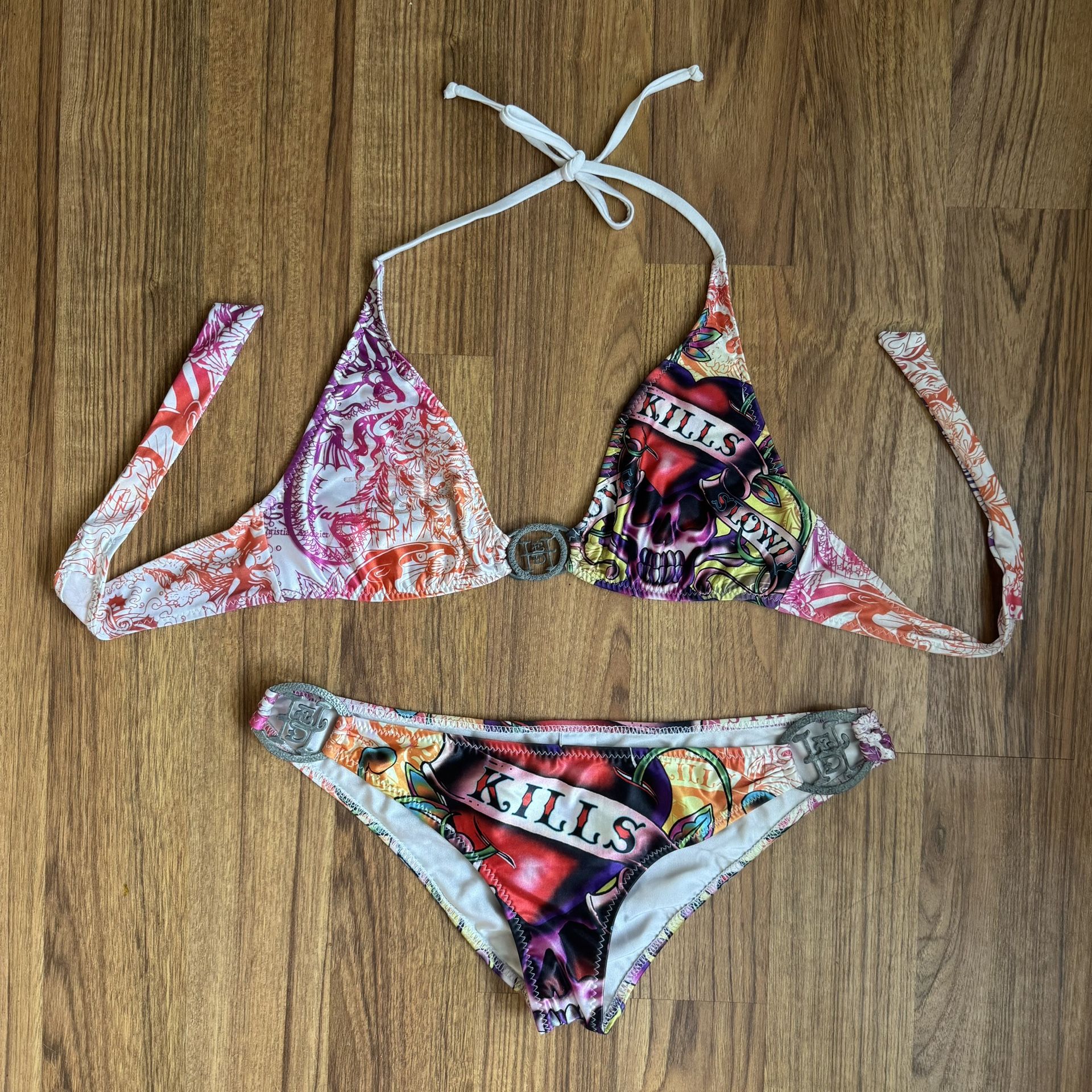 ED HARDY Vintage Y2K Multi Skull Love Kills Slowly String Triangle Bikini Set