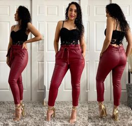 Womens Tapered Waist Trouser Color: Wine Size: Xs-L pu trousers paperbag waist tapered leg regular fit approx length is 90cm based on a UK size 10