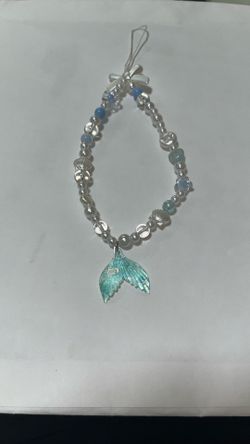 Handmade Blue Mermaid Tail Phone Charm – Pearl & Acrylic Beads – Ocean Aesthetic – New