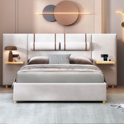 NEW. Color Beige.Full-Size Upholstered Velvet Platform Bed with Dual Outlets, USB Ports, Bedside Pillows, and Storage Shelves