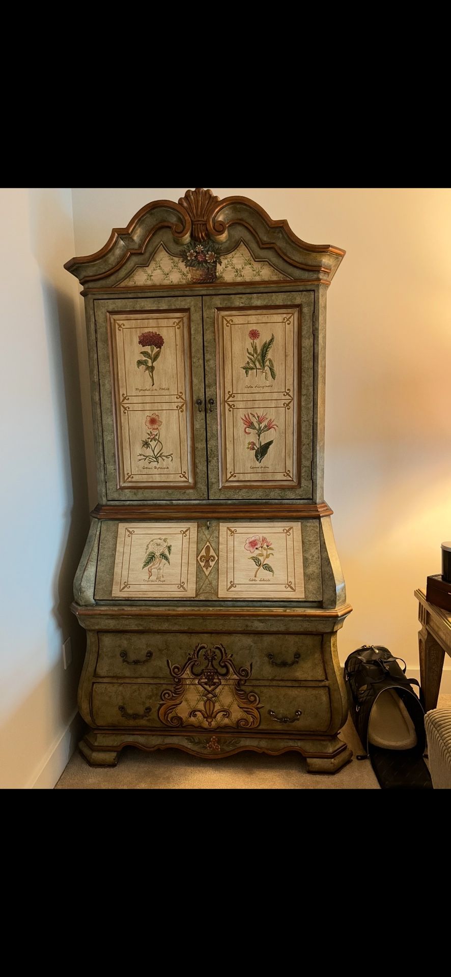 HAND PAINTED SECRETARY DESK, FRONT WITH BOOKCASE HUTCH, DRAWERS