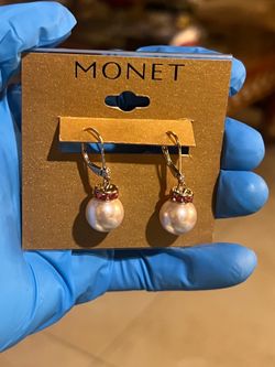 JCPenney Monet Jewelry Gold Tone & Pink Womens Glass Simulated Pearl Drop Earrings   New