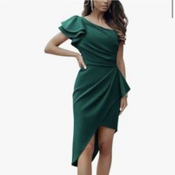 Women  Fashion Elegant One Shoulder Cocktail Dress Ruffle Sleeve Wrap Ruched Bodycon Short Party Dresses