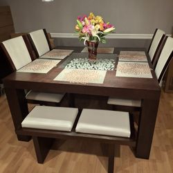 Modern Dinning Room Table Set - 4 Chairs +2 Benches 
