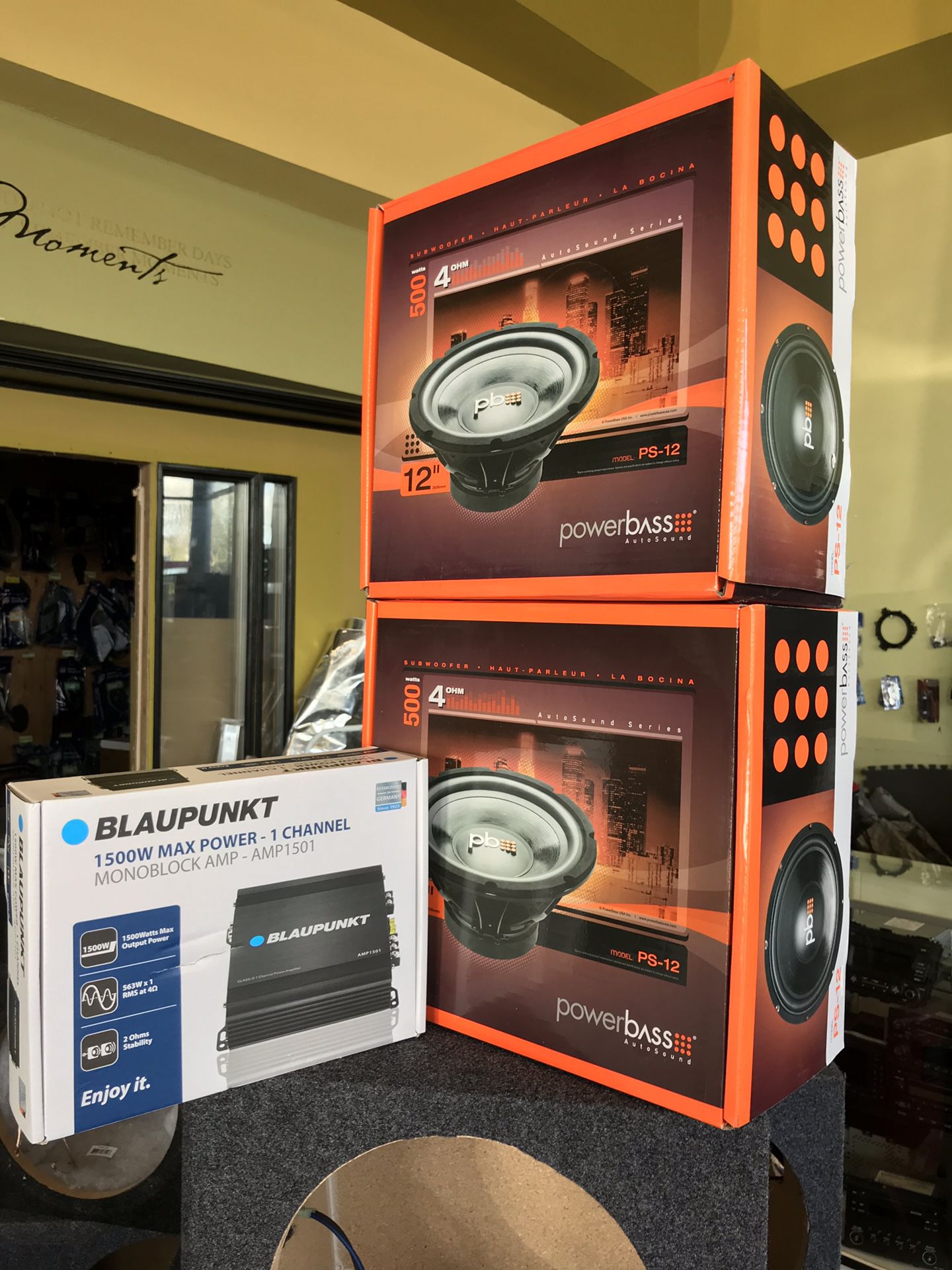 Car audio bundle deal 2. 12” subwoofer 500w each. With 1500w amplifier. All brand new finance available 100 days to pay no interest easy approval
