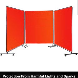 Welding Screen 6 ft. x 6 ft. 3 Panel Welding Curtain Flame Retardant with Frame and Wheels adjustable Size, Red