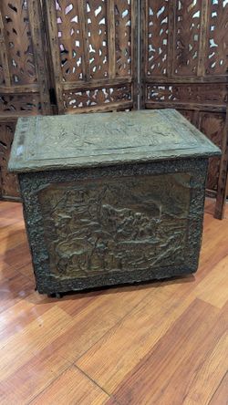 19th century Repoussé Brass Chest with Figural and Landscape Panels