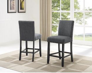New Gray Fabric Counter Height Kitchen Bar Stools with Nailhead Trim, Set of 2