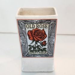 Old Rose Safety Match Vtg PORCELAIN MATCH BOX HOLDER STICK MATCHES WHITE RED ROSE SMALL