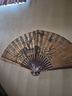 Antique Gold Asian Paper Fan - Large Hand painted vintage wall hanging