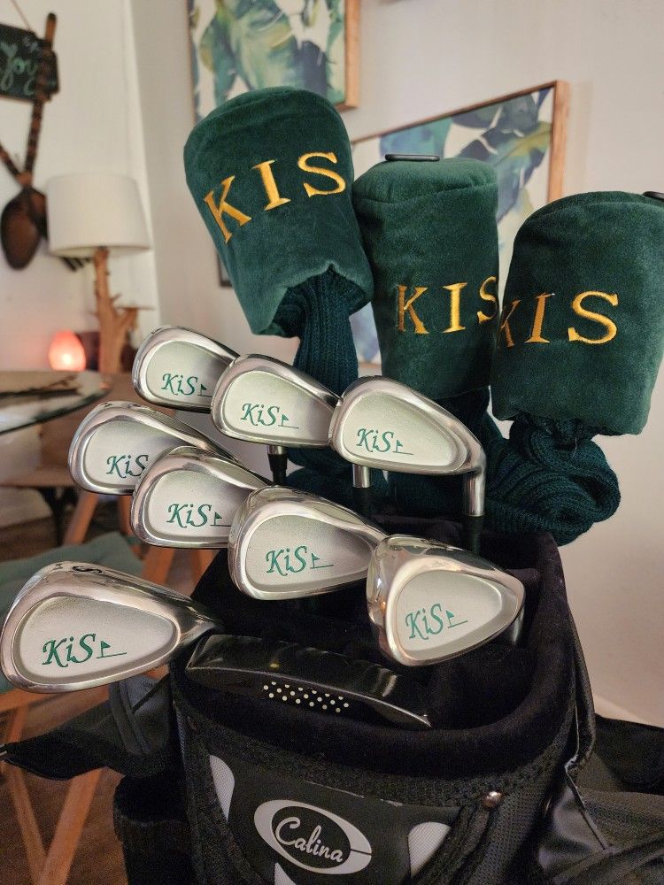 Brand NEW 3 DRIVERS STILL IN PLASTIC, Whole Set Of KiS Golf Clubs W/ Bag, Balls, And Tees!! YOU CAN NOT Beat This Great Deal!!