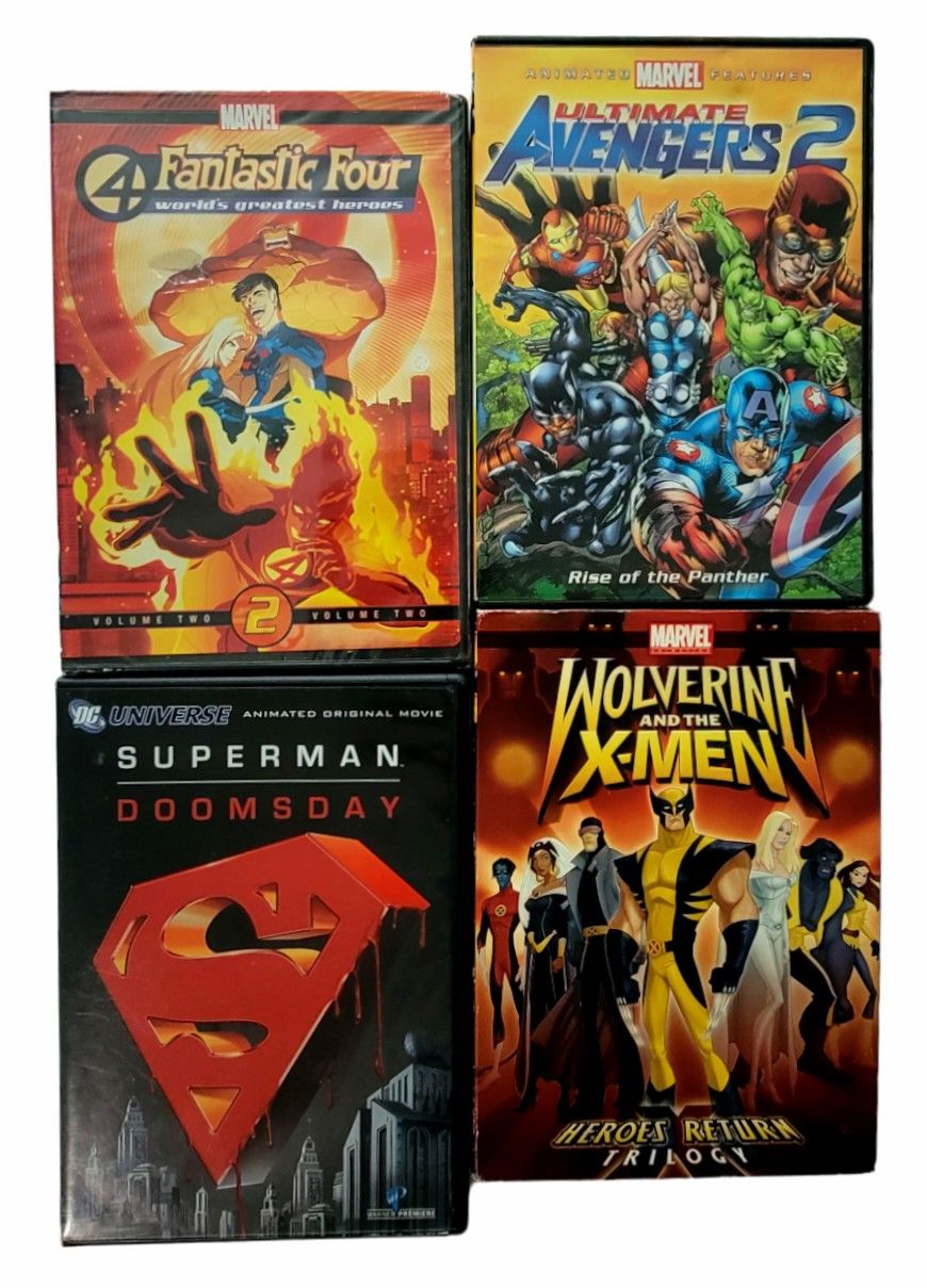 Animated Marvel DC DVD Lot Fantastic Four Avengers Superman Doomsday Wolverine X-MEN Superhero Kids Family Cartoons