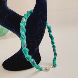 9" Green Hemp Handmade Macrame Anklet Bracelet with Multi-Colored Barrel Beads and Hook Closure. Twisted rope design. Fashionable Costume Jewelry! Mak