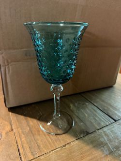 Teal Hobnail Glass Stemmed Goblet