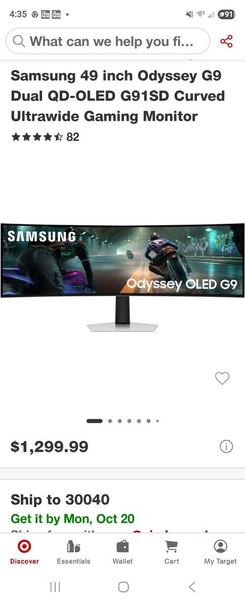 Samsung 49" Odyssey OLED G9 (G91SD) Dual QHD QD-OLED G-Sync Compatible Curved Gaming Monitor, 144Hz, 0.03ms, AMD FreeSync Premium Pro, Ergonomic Stand