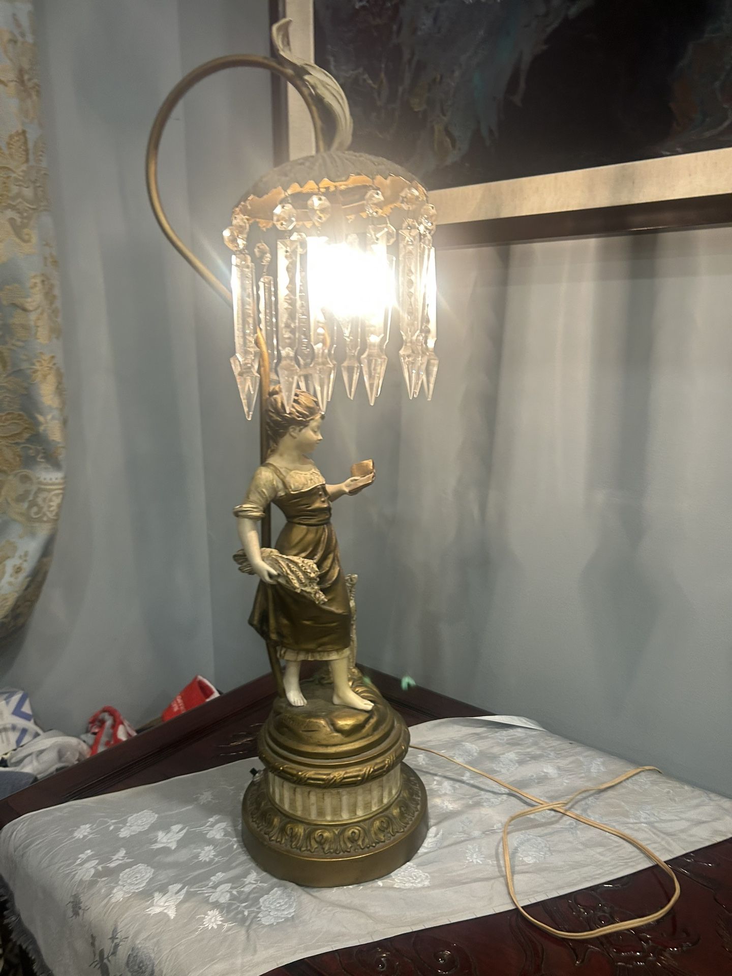 VTG Emile Bruchon Collection Francaise Girl Reading Book Crystal 28” Lamp!