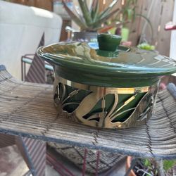 Vintage Bauer  Forest Green Casserole Serving Dish Holder & Lid Mid-Century.