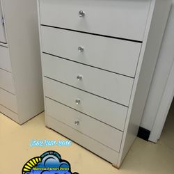 Five Drawer Dresser Chest White With Diamond Knobs 