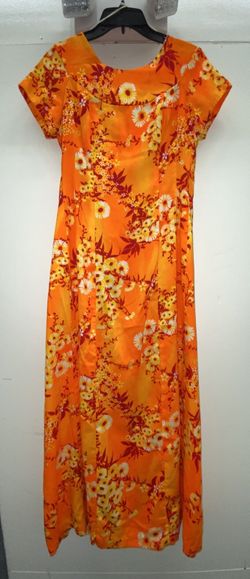 Vtg 1960s Psychedelic Orange Yellow Neon Daisy Hawaiian Maxi Dress Size 10