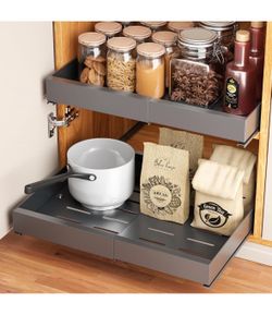2 Pack Pull Out Cabinet Organizer, (12.6"-20.5") Expandable Pull Out Cabinet Organizer, Cabinet Organizer Pull Out Drawer for Cabinets for Bathroom, P