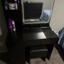 Black Vanity + Seat + Light Up Mirror