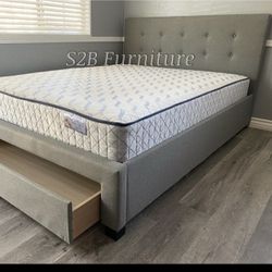 Queen Size Grey Button W Ortho Matres & Drawer 