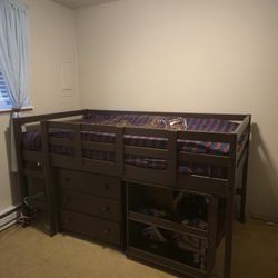 Low Loft Bed with Shelves, Desk & Dresser