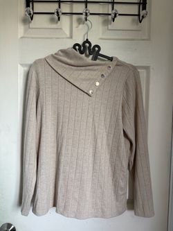 Cozy Beige Ribbed Sweater with Button Cowl Neck Size XS