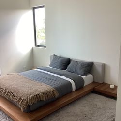 Contemporary Queen Wood Bed With Integrated Nightstands And Mattress