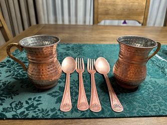 Handcrafted Persian Copper Set - Signed Artisan Mugs & Matching Flatware