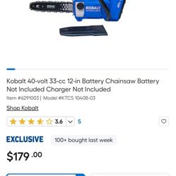Kobalt 40-volt 33-cc 12-in Battery Chainsaw Battery Not Included Charger Not Included
