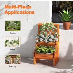 2-Tier Raised Garden Bed with Trellis, Wooden Planter Container with 2 Planter Boxes for Climbing Plants Flower Herb Growing, Indoor & Outdoor Freesta