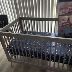 Crib w Mattress, Bed Rails, and High Chair