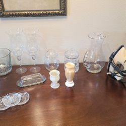 Glassware, vases, butter dish, iron, ironing board, candle holders, candy dishes, coasters, ice buckets, pitcher
