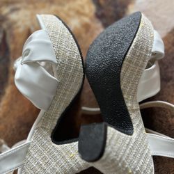 Wide Leg chic white wedge heels  a trendy woven side design.