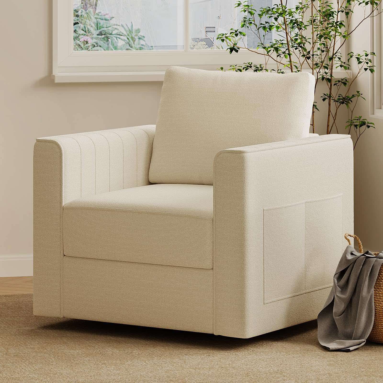 Swivel Accent Chair for Living Room, Linen Fabric Armchair with Underseat Storage & Side Pocket, 23.2" Width Comfy Seat Cushion, Modern Single Couch,