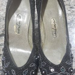 IMPO BEADED Heels // 80's Black Iridescent Paisley Design Heels Pumps Size 6 Party Valley Girl Costume New Year's Pointed Toes Wedding Retro

