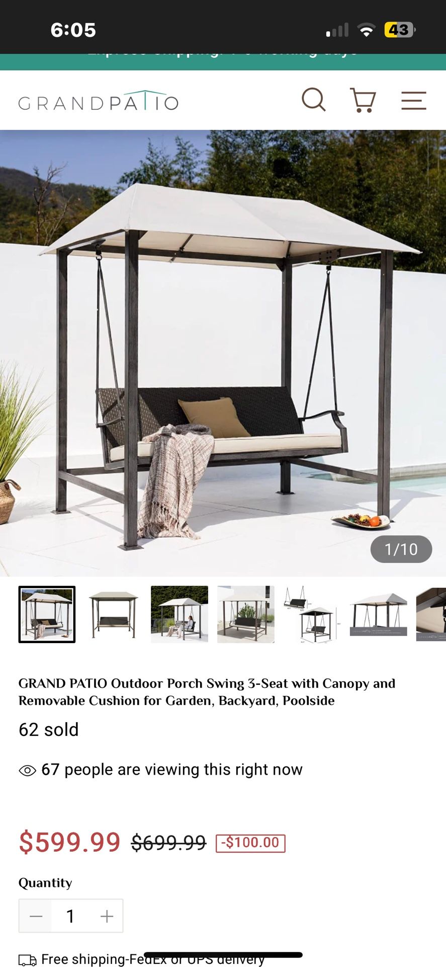 GRAND PATIO Outdoor Porch Swing 3-Seat with Canopy and Removable Cushion for Garden, Backyard, Poolside