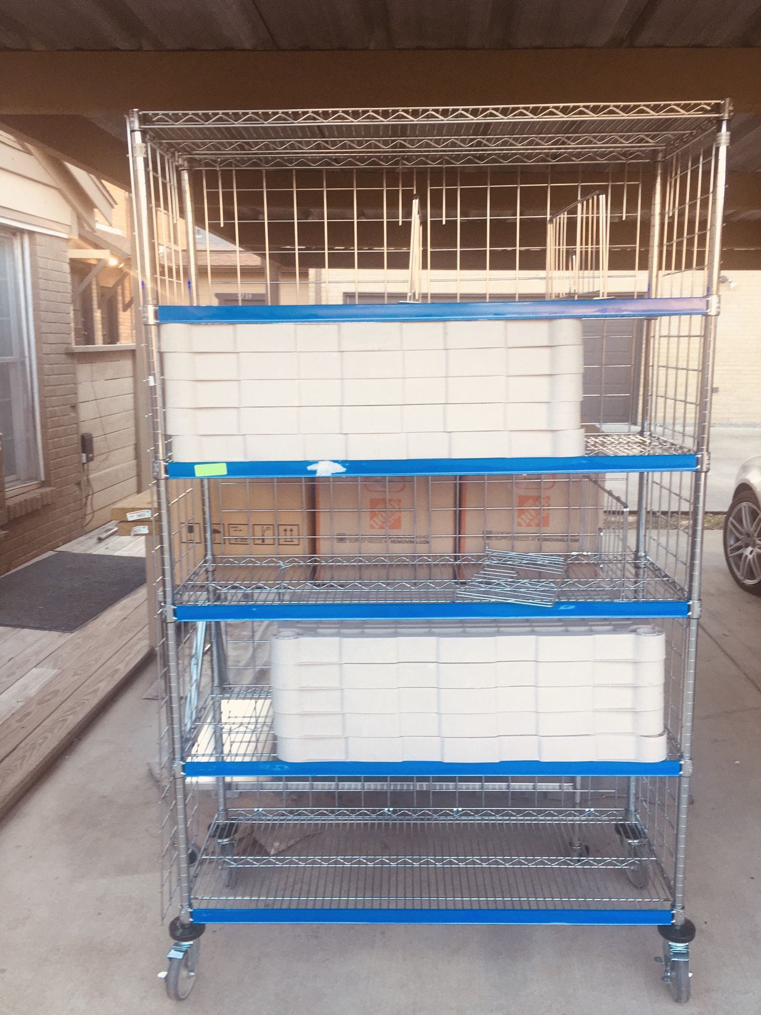 AkroBin Wire Shelving System with Blue Bins