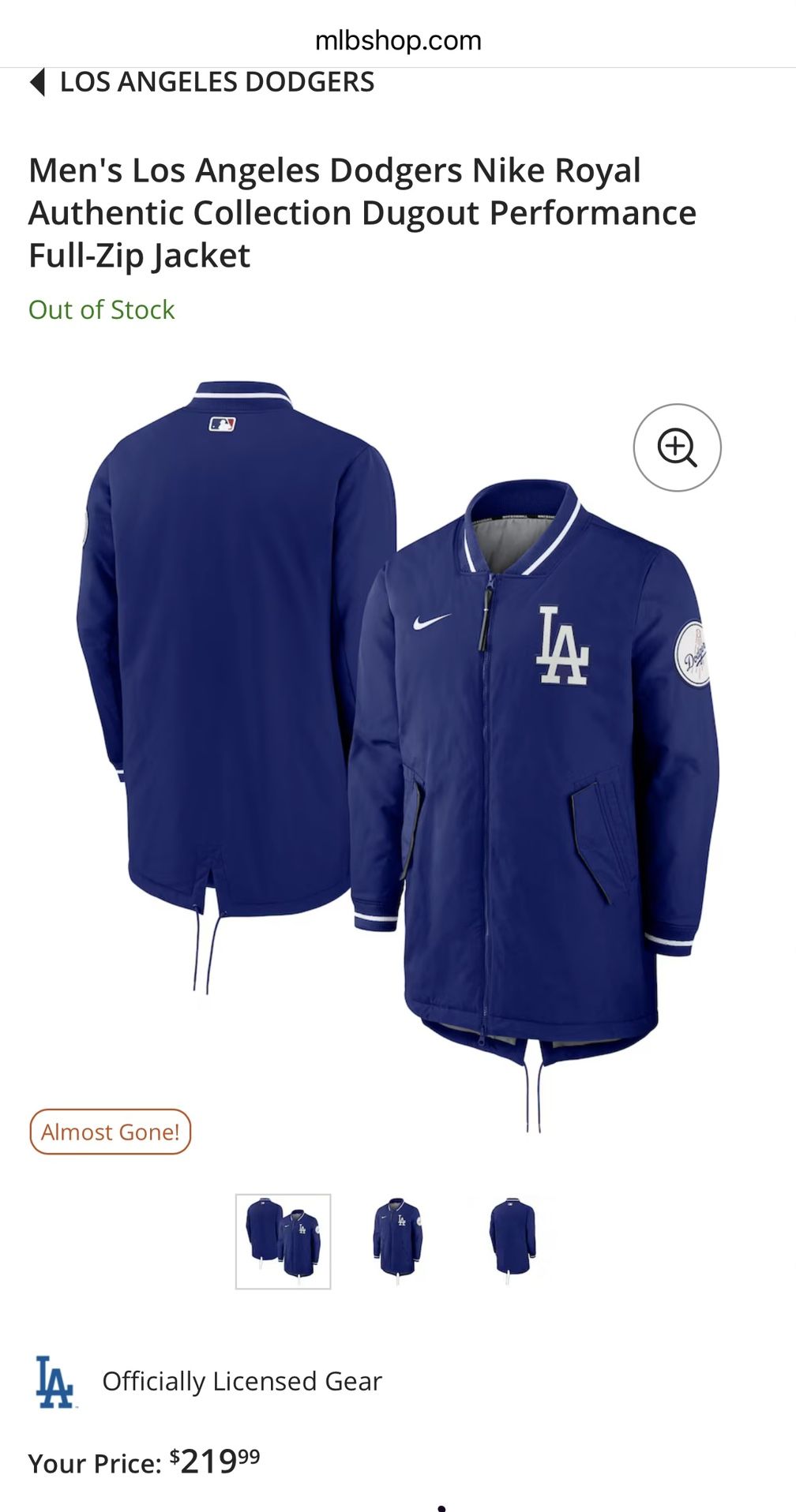 Men's Los Angeles Dodgers Nike Royal Authentic Collection Dugout Performance Full-Zip Jacket Parka Retail $219