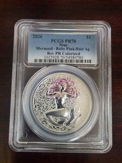 2026 PCGS PR70 Niue Mermaid- Baby Pink Hair Ag Reverse Proof Colorized 1oz Silver Coin