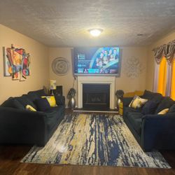 Furniture-Moving Sale; Moving Sale - 2 blue sofas, 2 silver ends tables, & rug