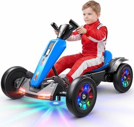 12V Electric Go Kart for Kids Ages 3-6, Blue 2-Position Adjustable Seat, Multicolor LED Wheel , Foldable, 4.5AH Battery, Music, LED Lights