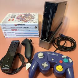 Nintendo Wii Black System Bundle - 6 Games. GameCube Controller. Tested & Works.