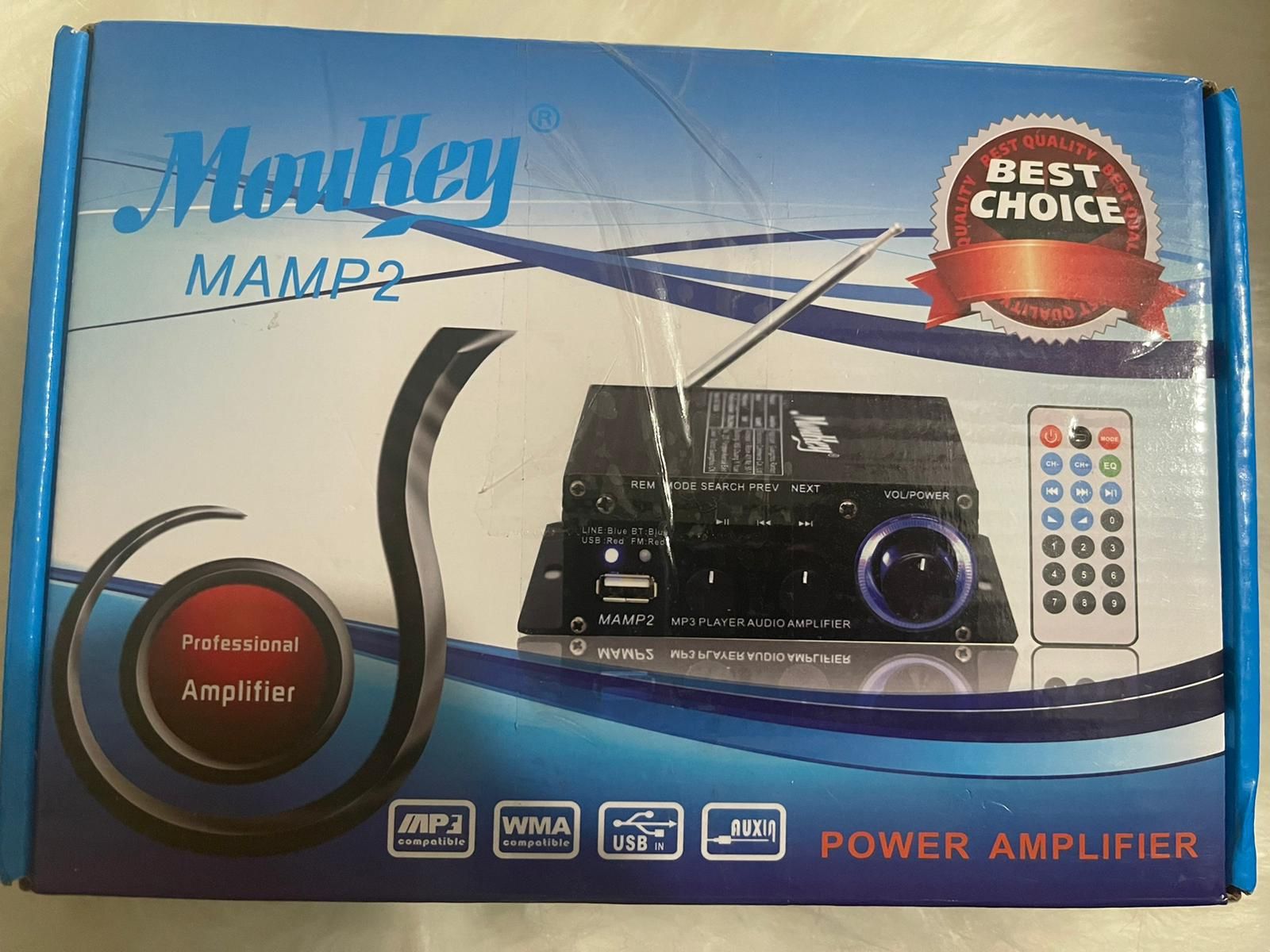 Moukey Mini amplifier home audio Bluetooth 5.0 for speakers- 50W 2 Channel Power Audio Receiver FM USB, AUX, with Remote Control, Power Supply for Car