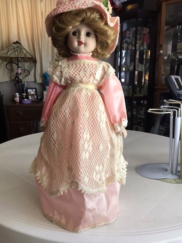 1980s Porcelain Doll in Pink Satin Dress