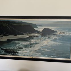 ‘Silver Reflections’ by Peter Ellenshaw – Large Framed Coastal Canvas Art w/ Title Plaque