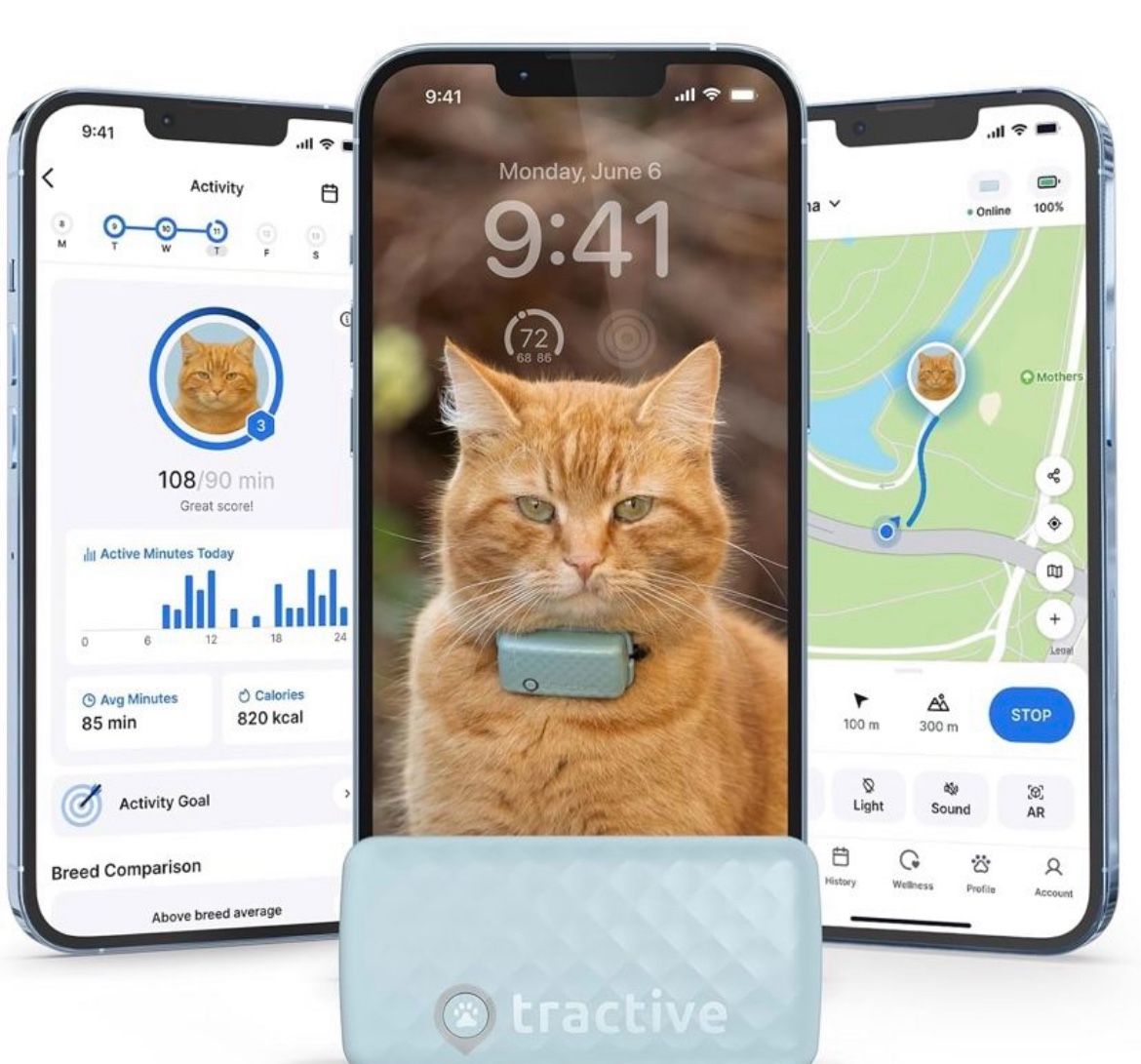 Tractive GPS Cat Tracker (6.5 lbs+), Real-time Pet Location Tracker, Health & Wellness Alerts,