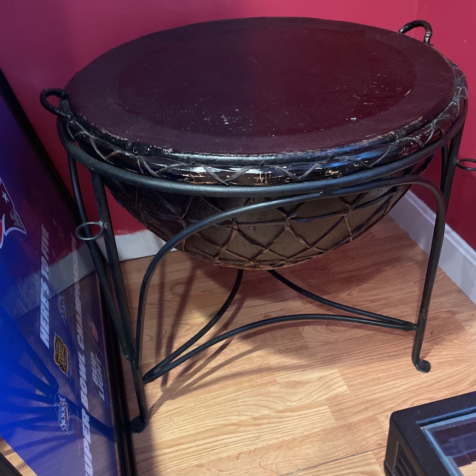 Large Drum End Table Retails $2200, 25” D 24” H Good Condition